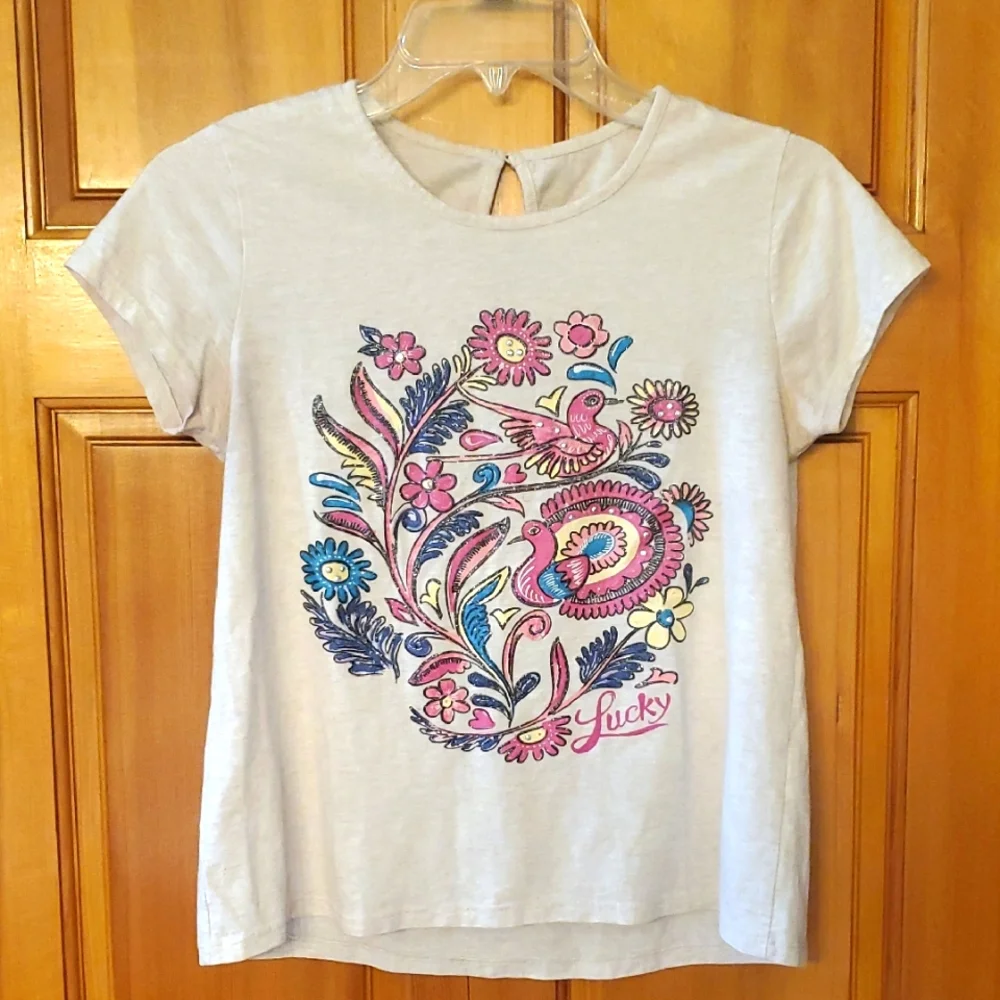 Lucky Brand Girl's Cream Heathered Sparkly Bird Graphic Short Sleeve Tee Size XL